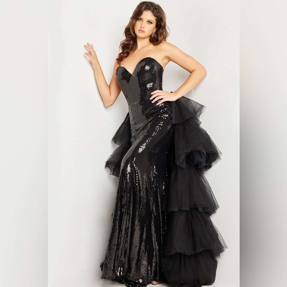 Jovani Black Strapless Sequin Mermaid Gown with Tulle Bustle